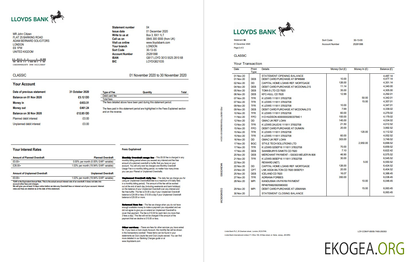Modèle de relevé bancaire Lloyds du Royaume Uni au format Word et PDF, bon pour prouver l'adresse (2 pages)